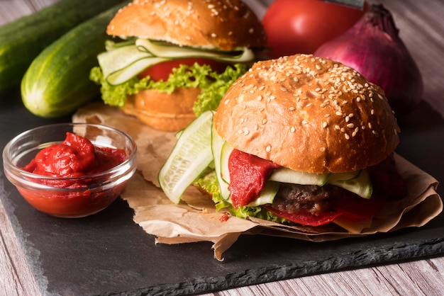 Assortment of delicious hamburgers