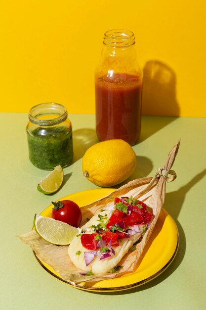 Assortment of delicious tamales on plate