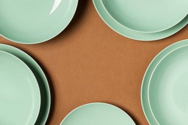 Assortment of different sized plates with copy space