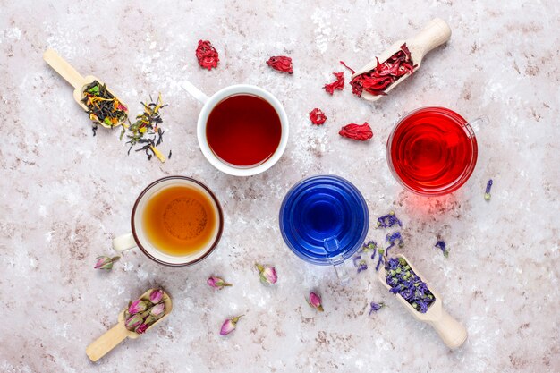 Assortment of dry tea in golden vintage mini plates. Tea types