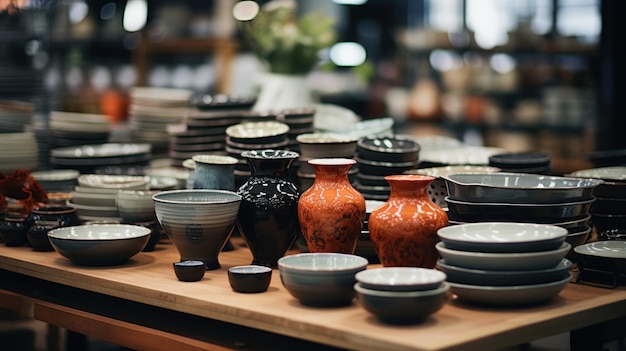 Assortment of elegant ceramics stands arranged neatly