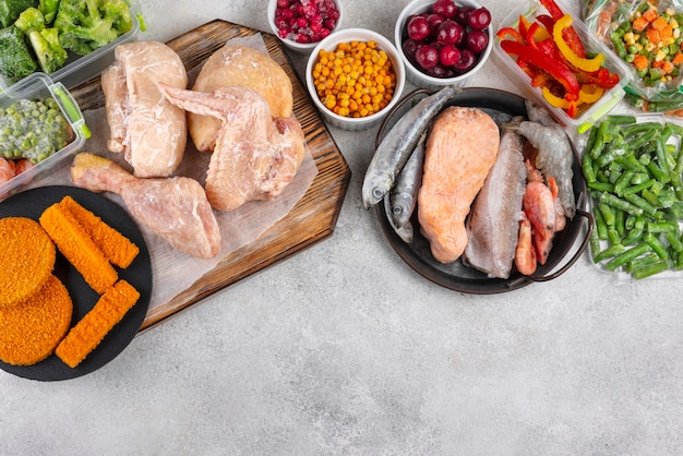 Assortment of frozen food on the table