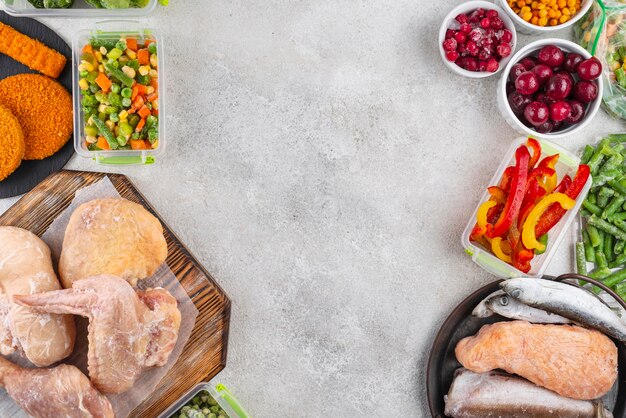 Assortment of frozen food on the table