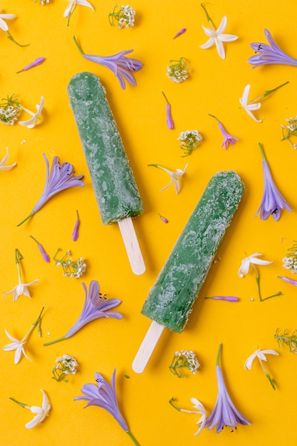 Assortment of fruit popsicles with kiwi and flowers