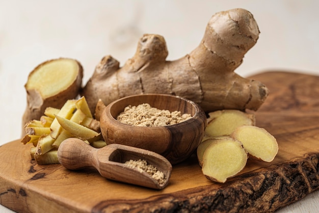 Assortment of ginger on wooden board