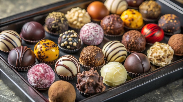 Free Photo an assortment of gourmet chocolates in a box featuring different flavors and decorations