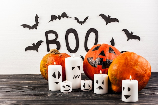 Assortment of halloween decorations on desk