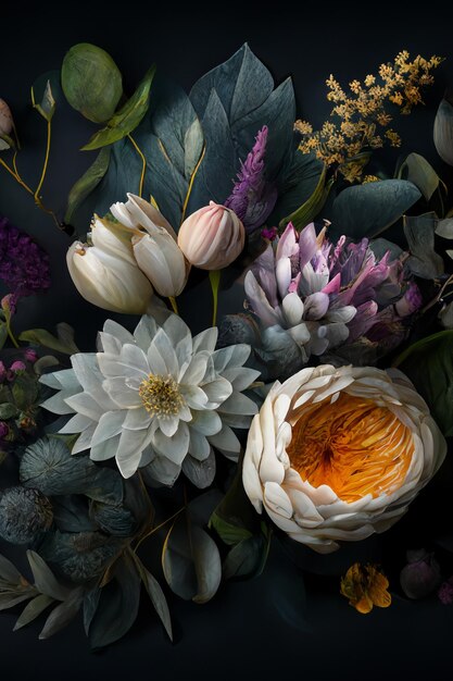 Assortment of leaves and flowers on dark background