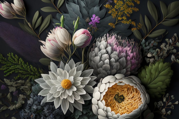 Assortment of leaves and flowers on dark background