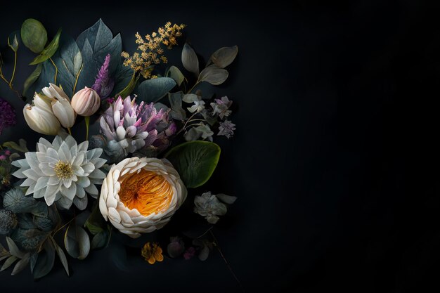 Assortment of leaves and flowers on dark background