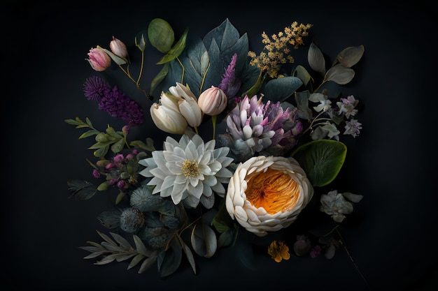 Assortment of leaves and flowers on dark background