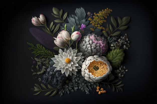 Assortment of leaves and flowers on dark background