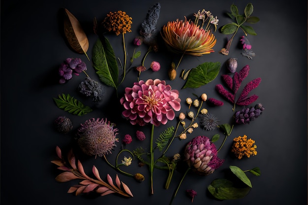 Assortment of leaves and flowers on dark background