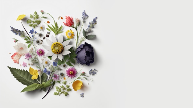 Assortment of leaves and flowers on white background