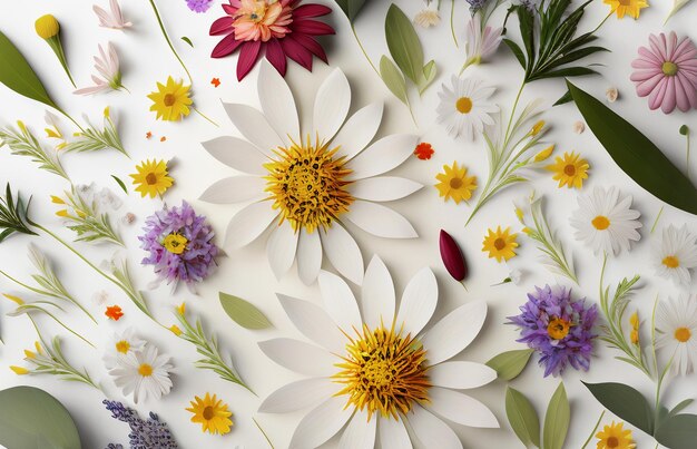 Assortment of leaves and flowers on white background