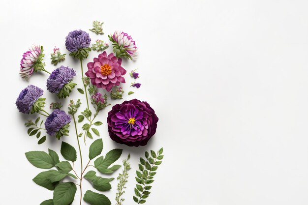 Assortment of leaves and flowers on white background