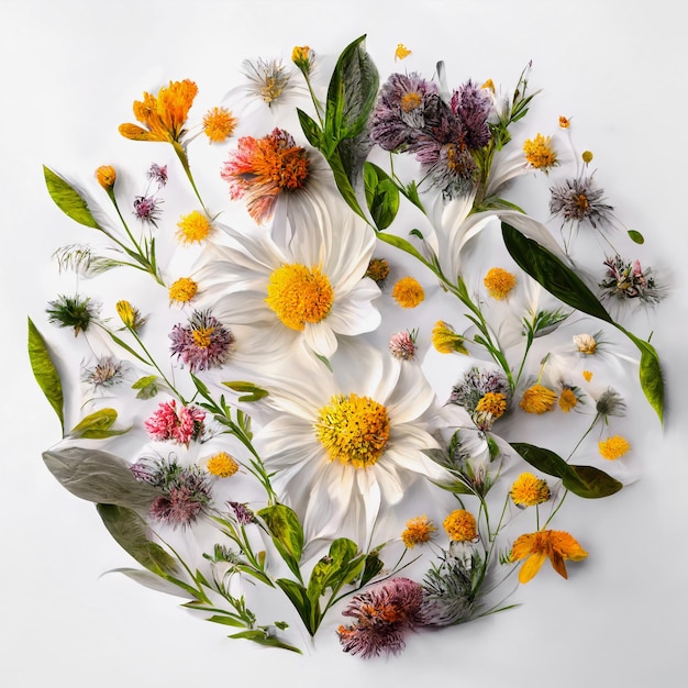 Foto gratuita assortimento di foglie e fiori su sfondo bianco