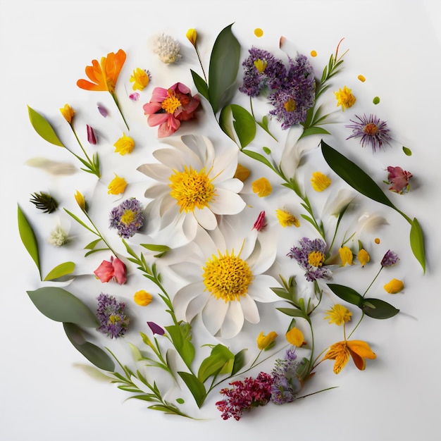 Assortment of leaves and flowers on white background