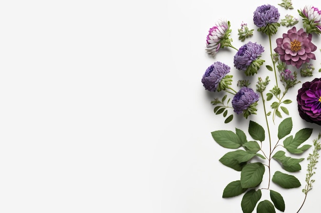 Assortment of leaves and flowers on white background