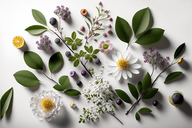 Foto gratuita assortimento di foglie e fiori su sfondo bianco