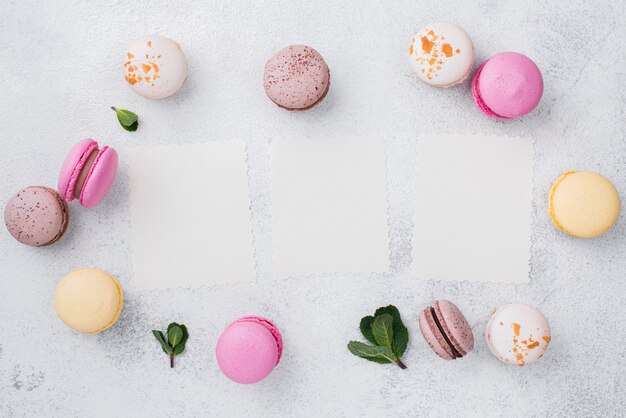 Assortment of macarons with mint