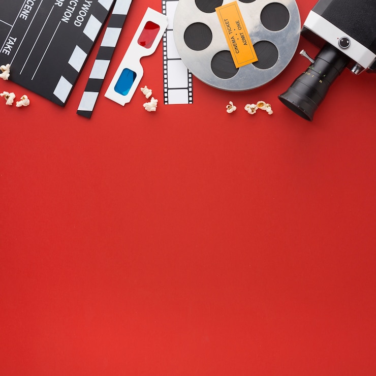 Free Photo assortment of movie elements on red background with copy space