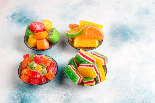 Assortment of multi-colored marmalades.