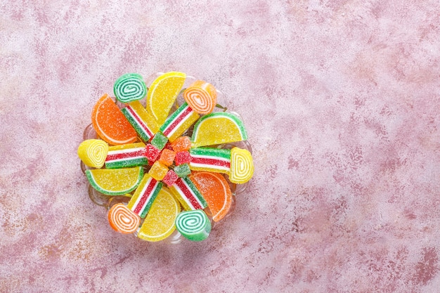 Assortment of multi-colored marmalades.