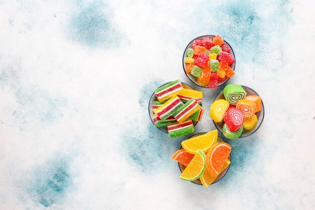 Assortment of multi-colored marmalades.