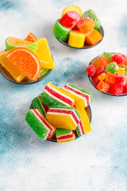 Assortment of multi-colored marmalades.