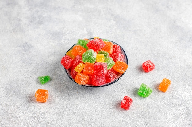 Assortment of multi-colored marmalades.