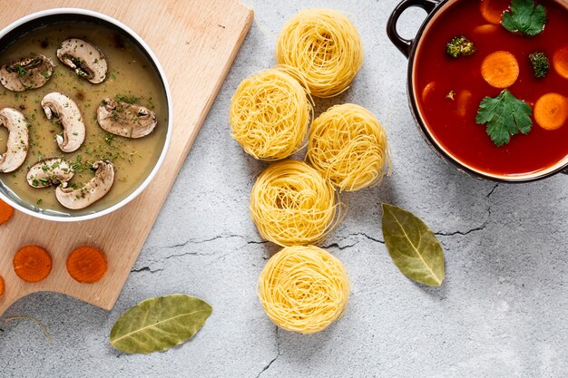Assortment of organic veggie soups and pasta