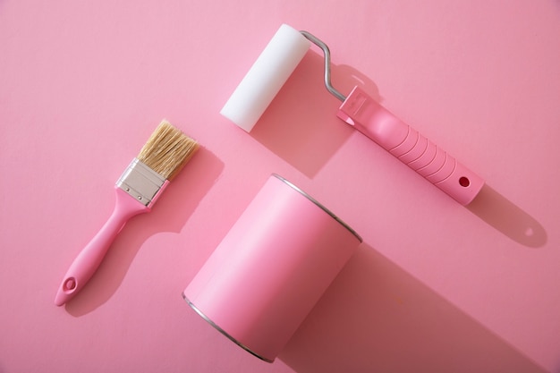 Assortment of painting items with pink paint