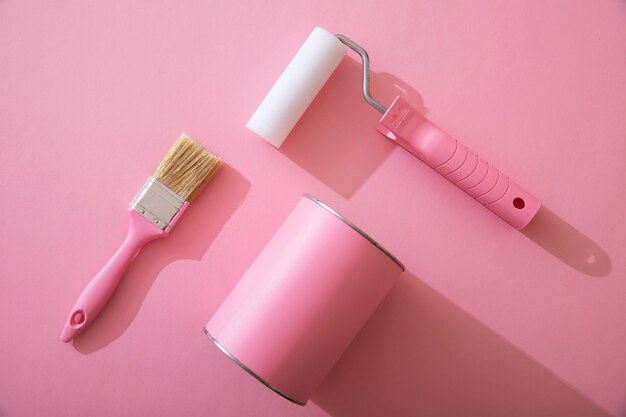 Assortment of painting items with pink paint