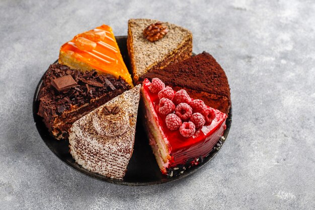 Assortment of pieces of cake.