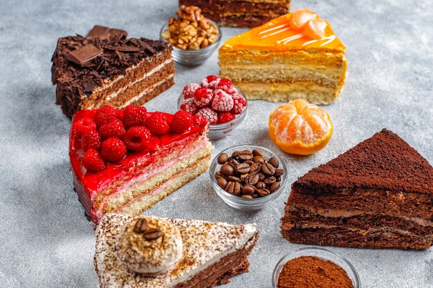 Assortment of pieces of cake.