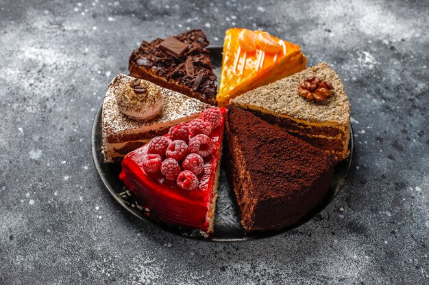 Assortment of pieces of cake.