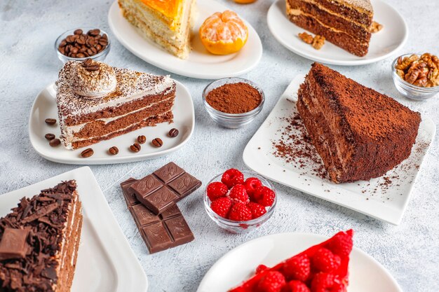 Assortment of pieces of cake.