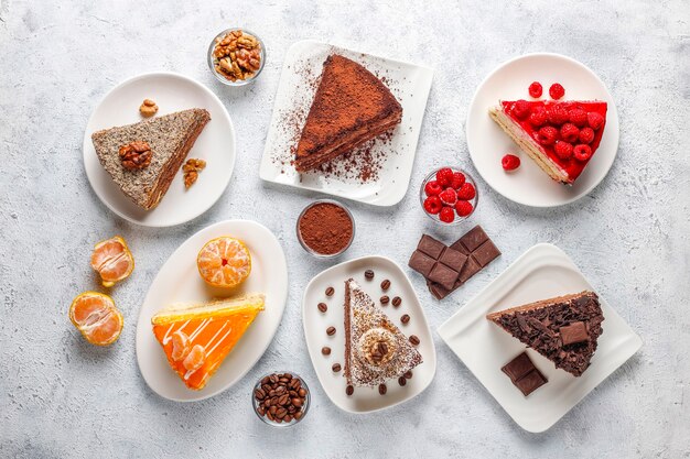 Assortment of pieces of cake.