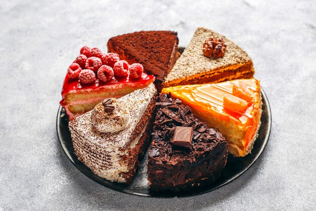 Assortment of pieces of cake.