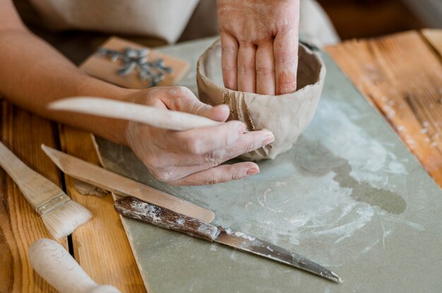 Assortment of pottery elements in workshop