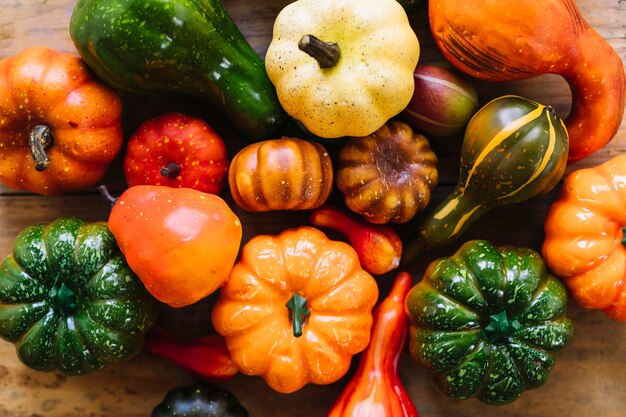 Assortment of pumpkins on table 