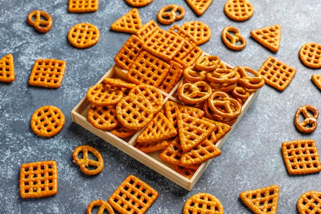 Assortment of salt crackers.