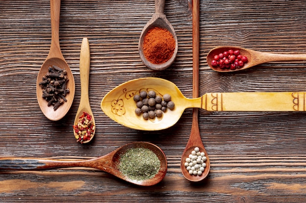 Assortment of spices in spoons