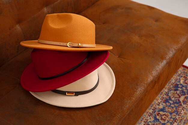 Assortment of stylish fedora hats