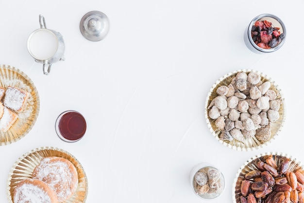 Assortment of sweets and tea cup .