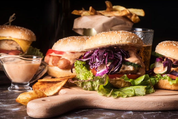 Assortment of tasty hamburgers