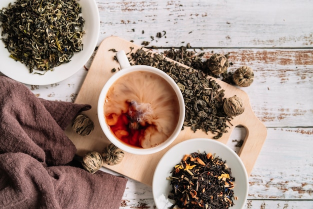 Assortment of tea and tea herbs top view