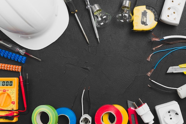 Assortment of tools and hardhat