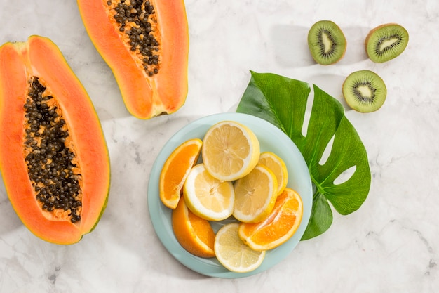 Assortment of tropical fruit slices